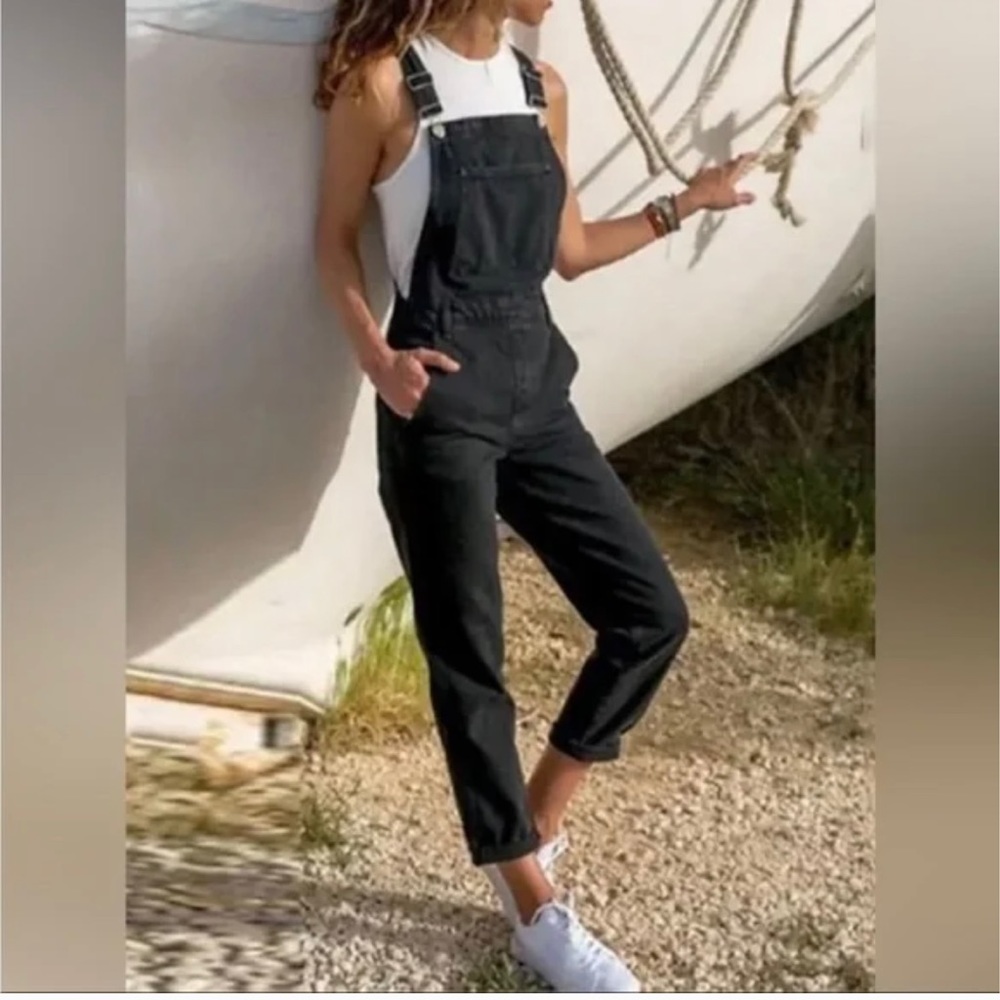 Topshop Moto  Washed Black Faded Denim Jeans Overalls Distressed Retro 2